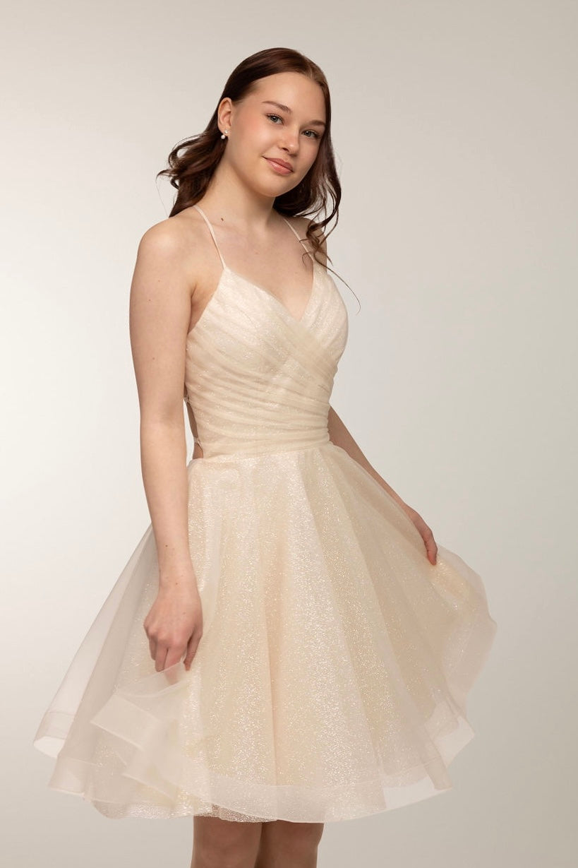 Enchanting champagne-colored party dress with an open back from Zazabella