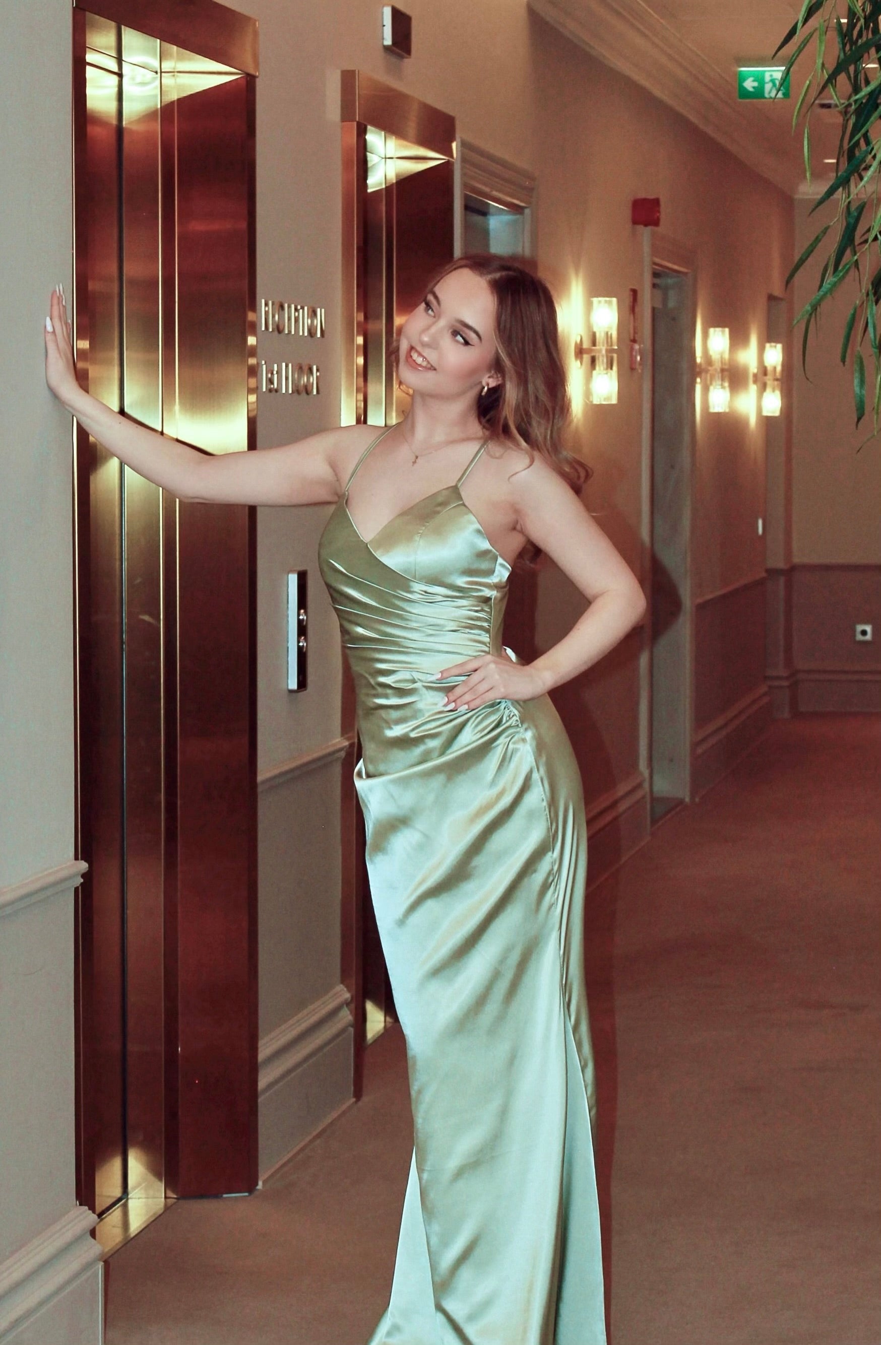 EVENING DRESS H6005L-SILK SATIN LIGHT OLIVE