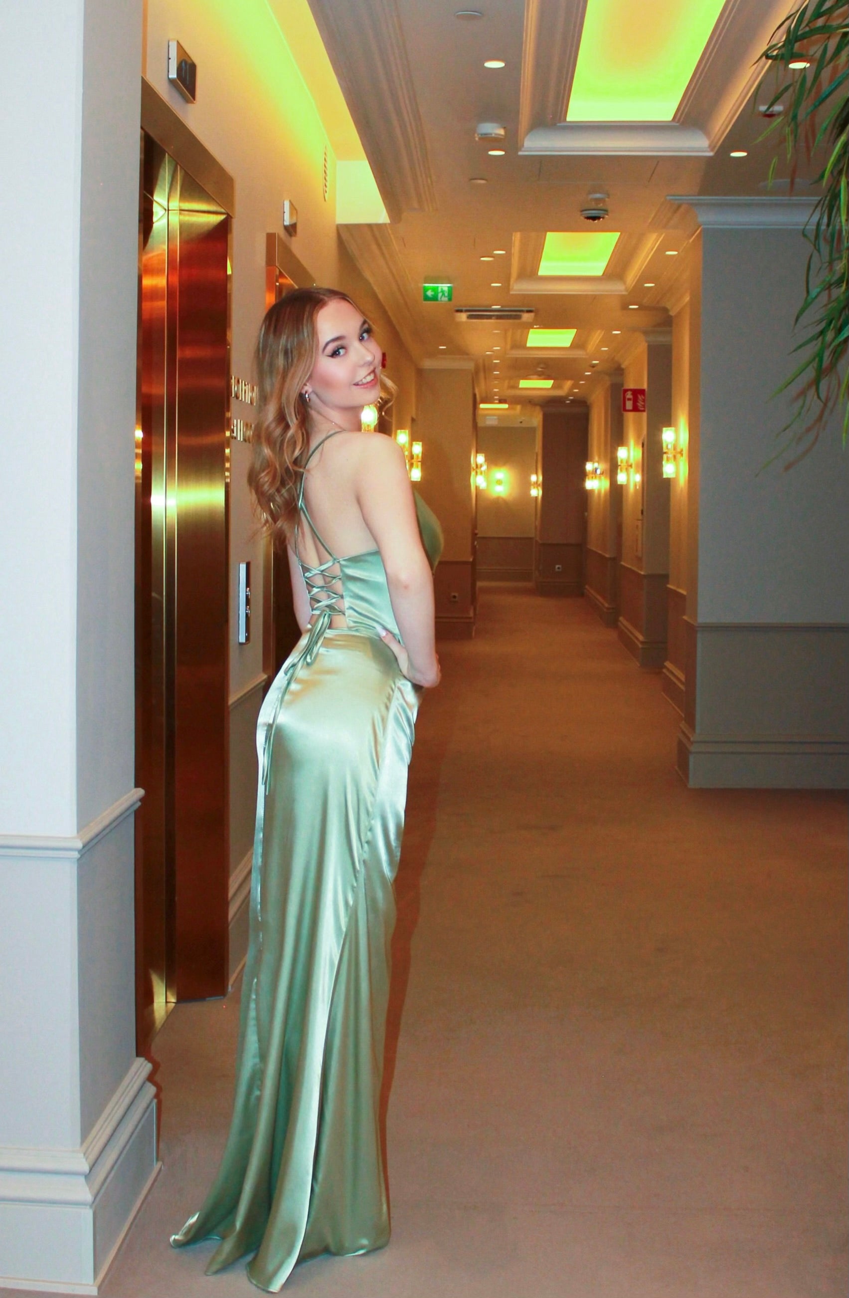 EVENING DRESS H6005L-SILK SATIN LIGHT OLIVE