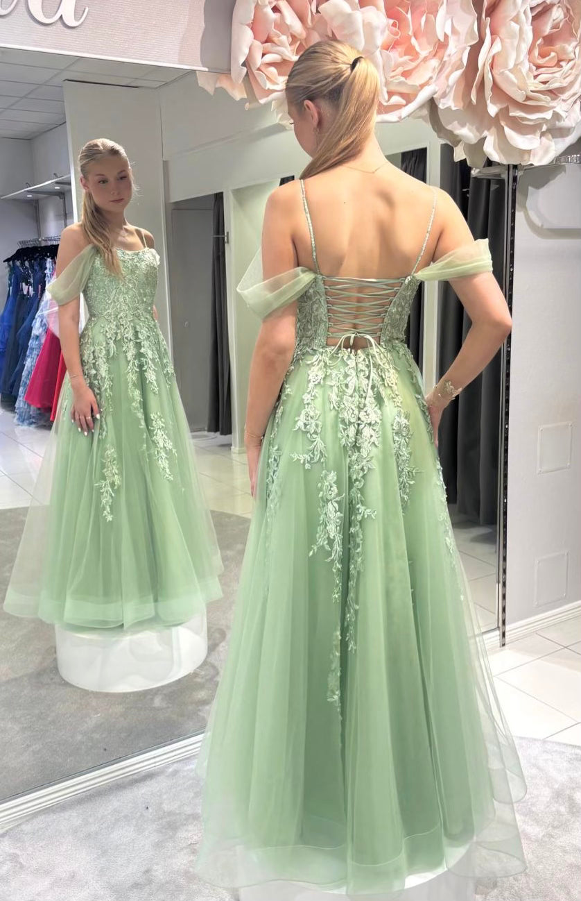 Oliivinvihreä vanhojentanssimekko, offshoulder olkain, takaa, narunyöritys.