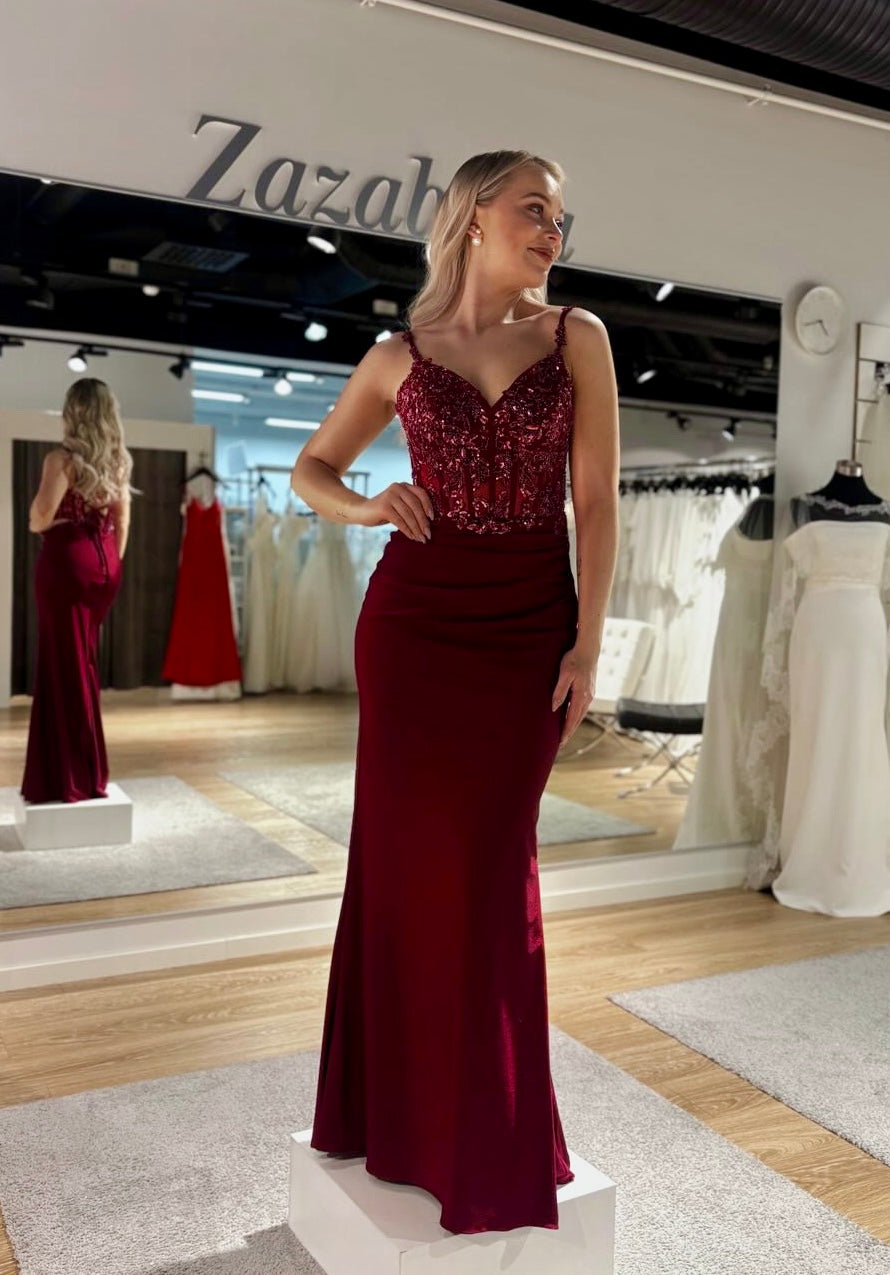 burgundy embroidered dress dark red evening gown Vestido Maxi Smooth Double LCS SU26 Height With Heels:5ft 8
