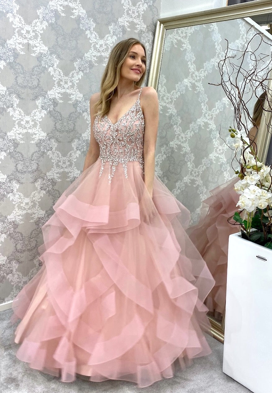 röyhelöhelmainen vanhojentassimekko, sivusta edestä