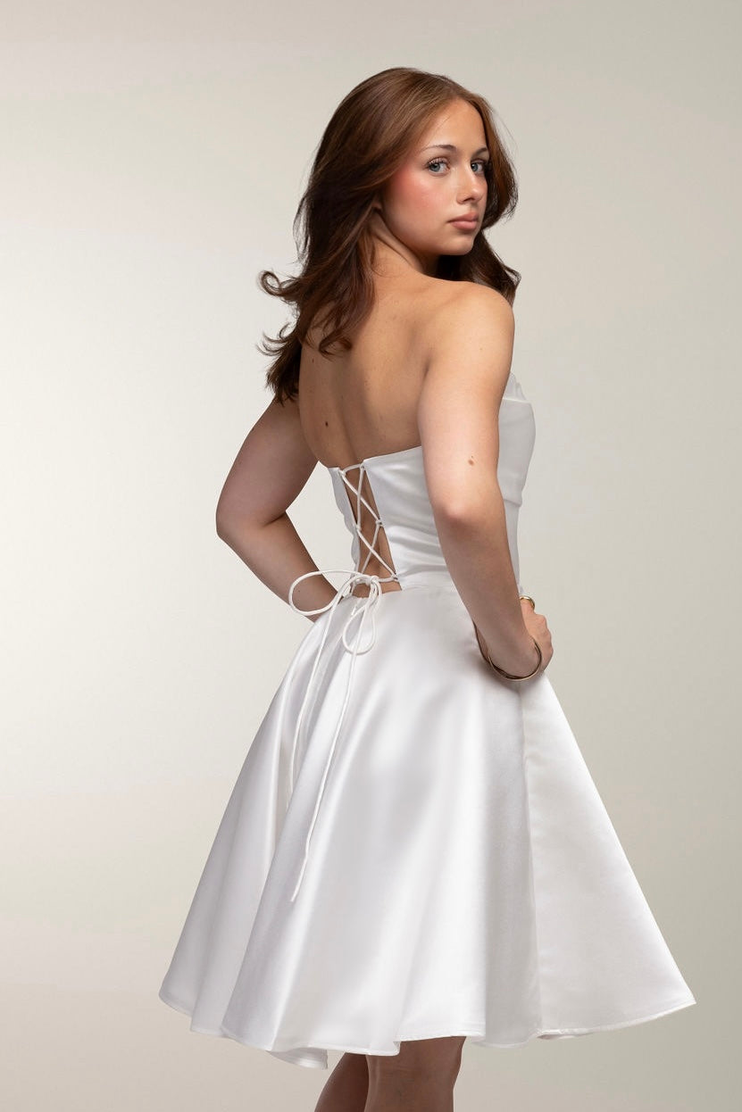 Elegant white strapless satin party dress from Zazabella