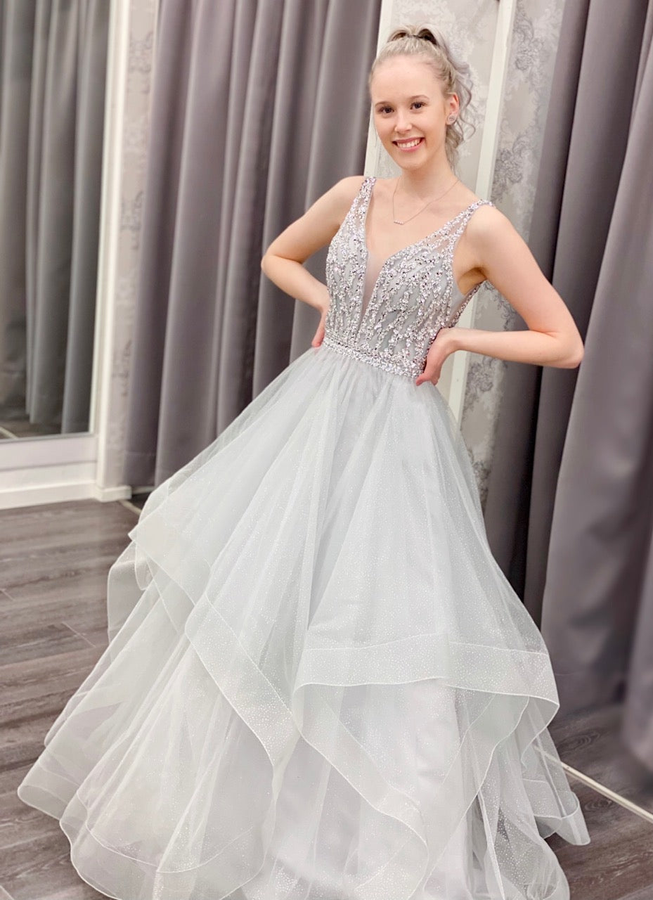 Silver prom dress with ruffled hem from Zazabella