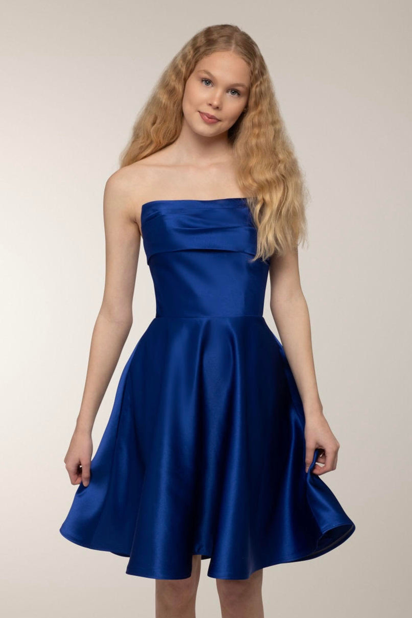 Elegant electric blue strapless satin party dress from Zazabella Elegant electric blue strapless satin party dress from Zazabella