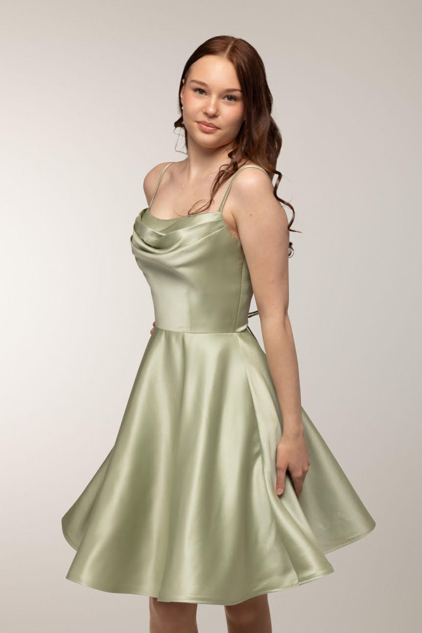 Elegant olive green satin party dress from Zazabella