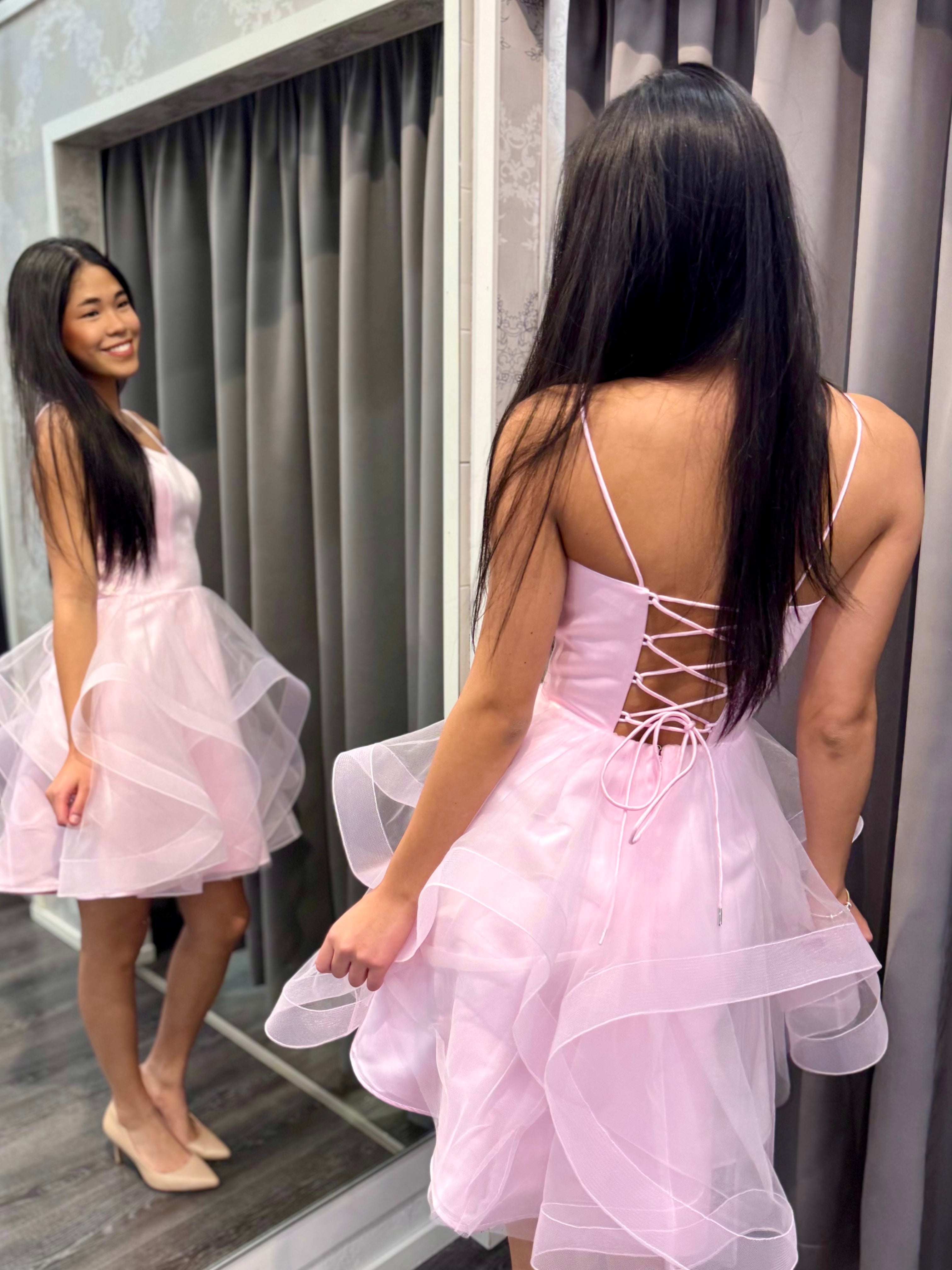 pinkki juhlamekko, takaa.