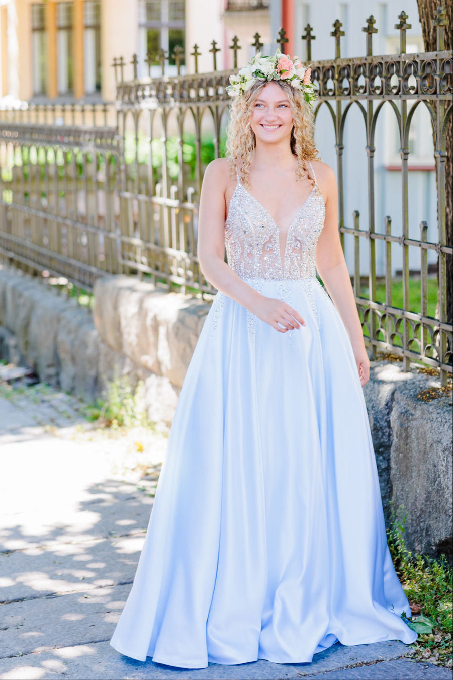 PROM DRESS H4452P-SATIN ICEBLUE
