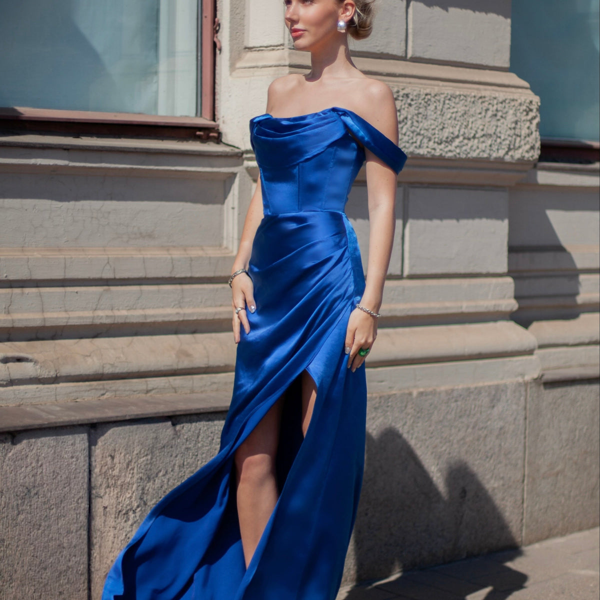sachin and babi light blue dress Royal Blue Mermaid Satin blue prom dress with Crystal