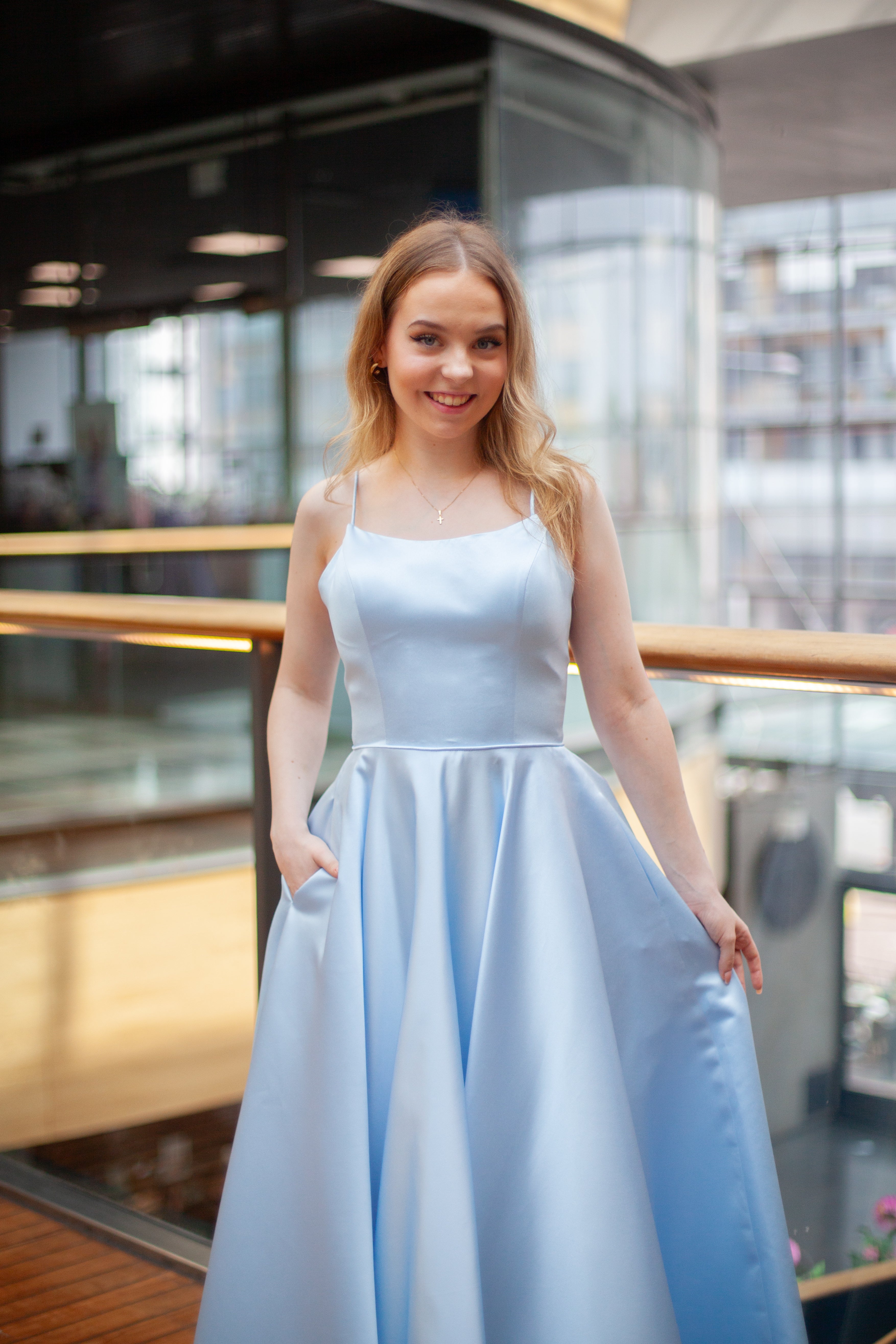 PROM DRESS H4442P-SATIN LIGHT BLUE