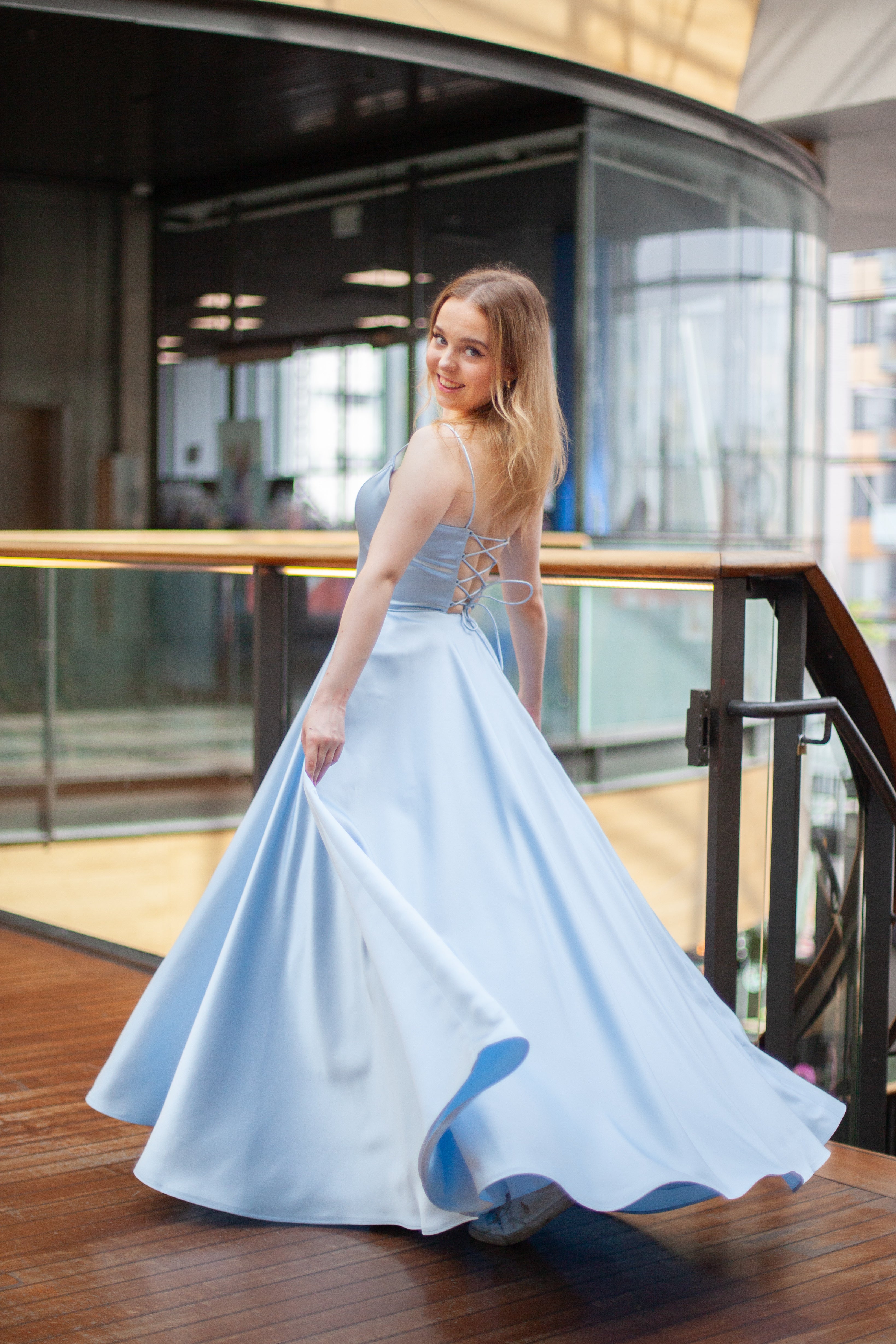 PROM DRESS H4442P-SATIN LIGHT BLUE