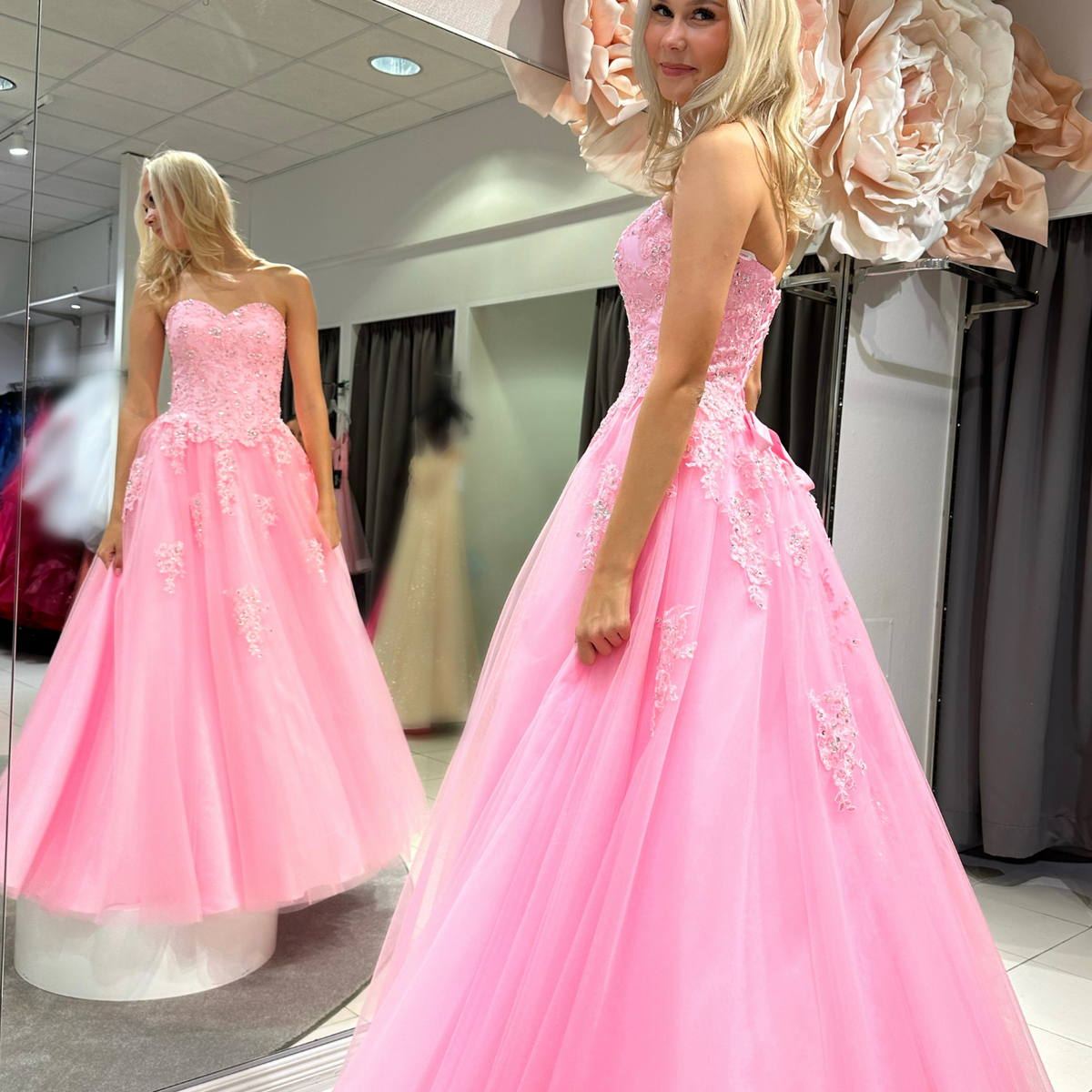 Pink strapless prom dress from Zazabella